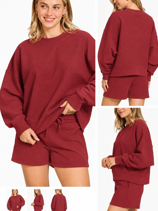Zenana Outfitters Tops - Zenana Ribbed Round Neck Pullover and Shorts Set